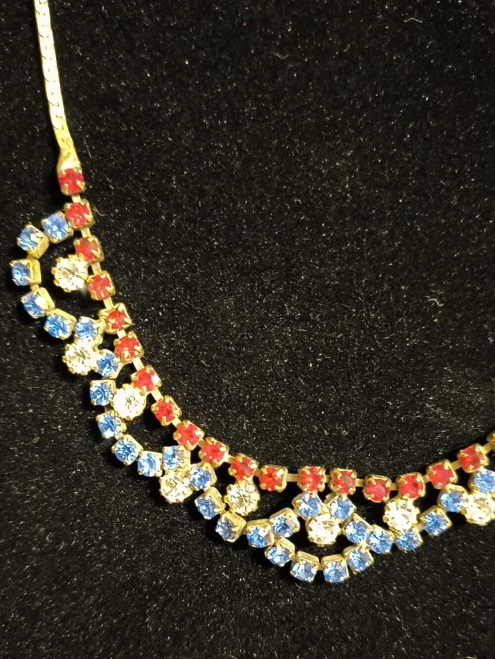 Vintage Gold-Tone Necklace with Red and Blue Rhinestone Accents